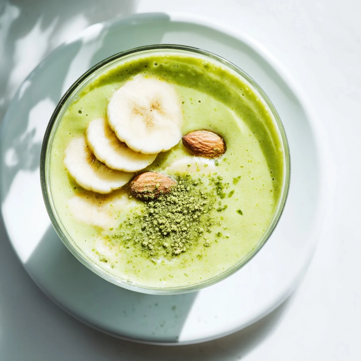 Thick green banana matcha almond smoothie topped with sliced almonds and chia seeds for crunch