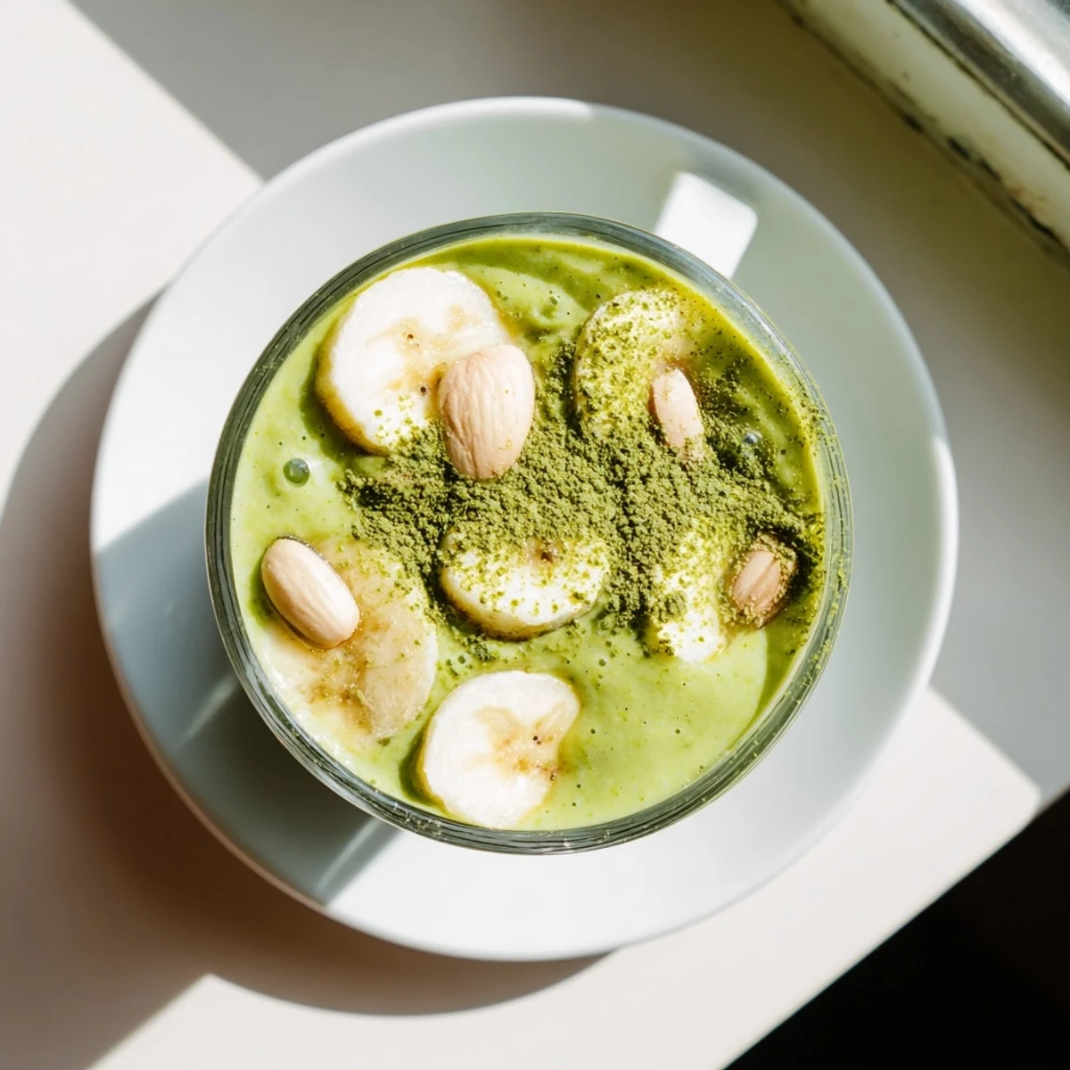 Glass of frothy banana matcha almond smoothie on wooden table with banana slices and matcha powder