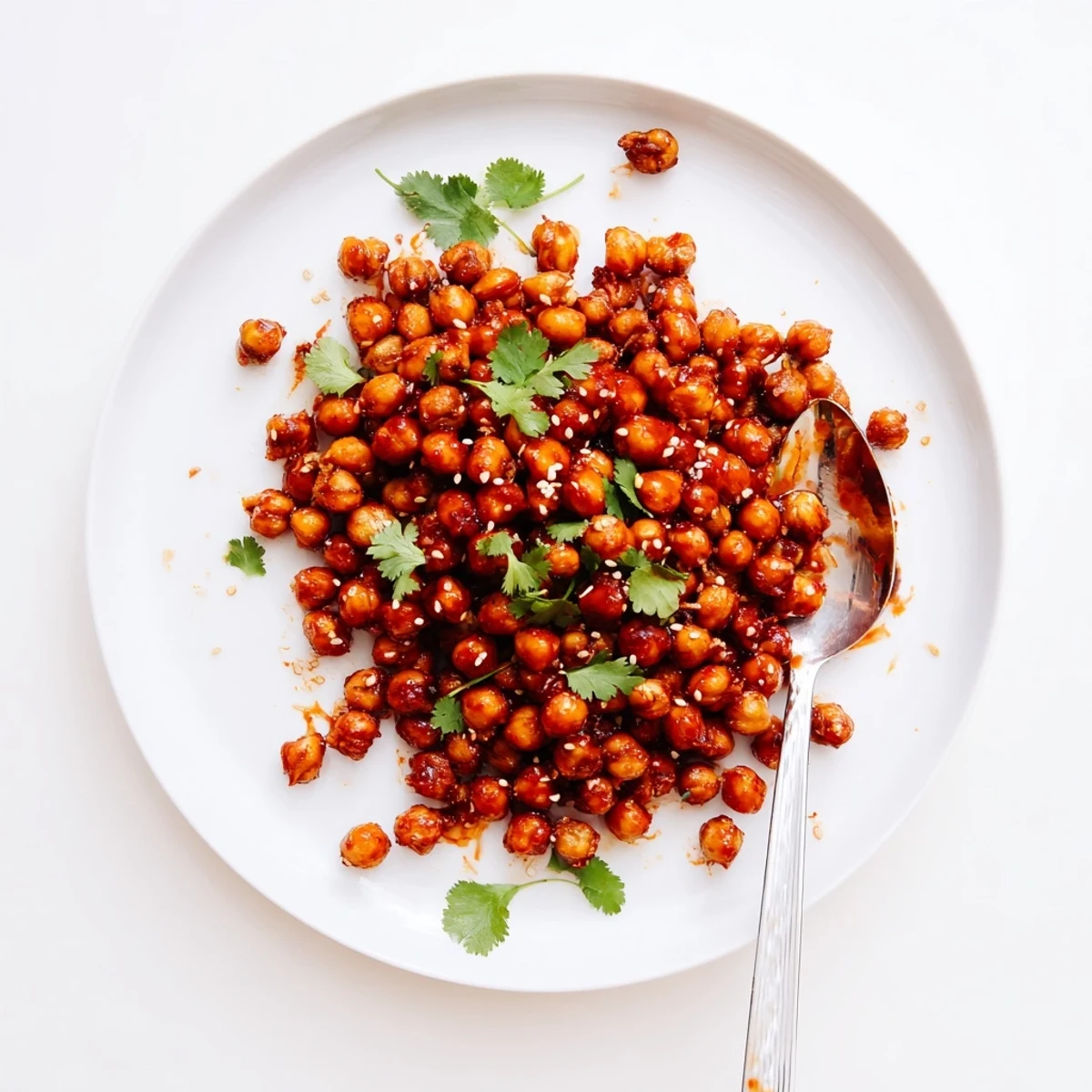Golden roasted crispy honey Sriracha chickpeas coated in sticky spicy sweet glaze