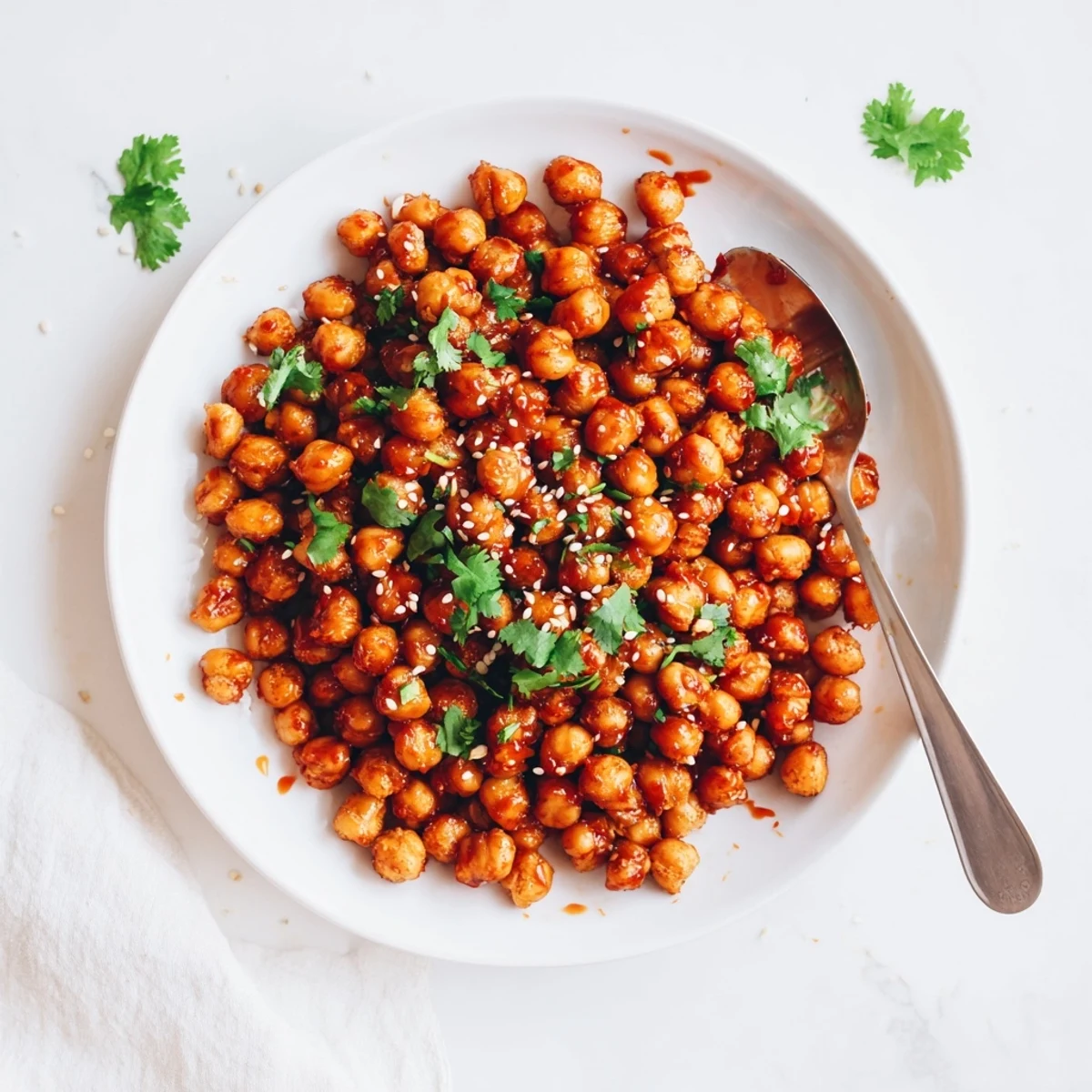 Bowl of crunchy honey Sriracha chickpeas garnished with fresh cilantro and sesame seeds