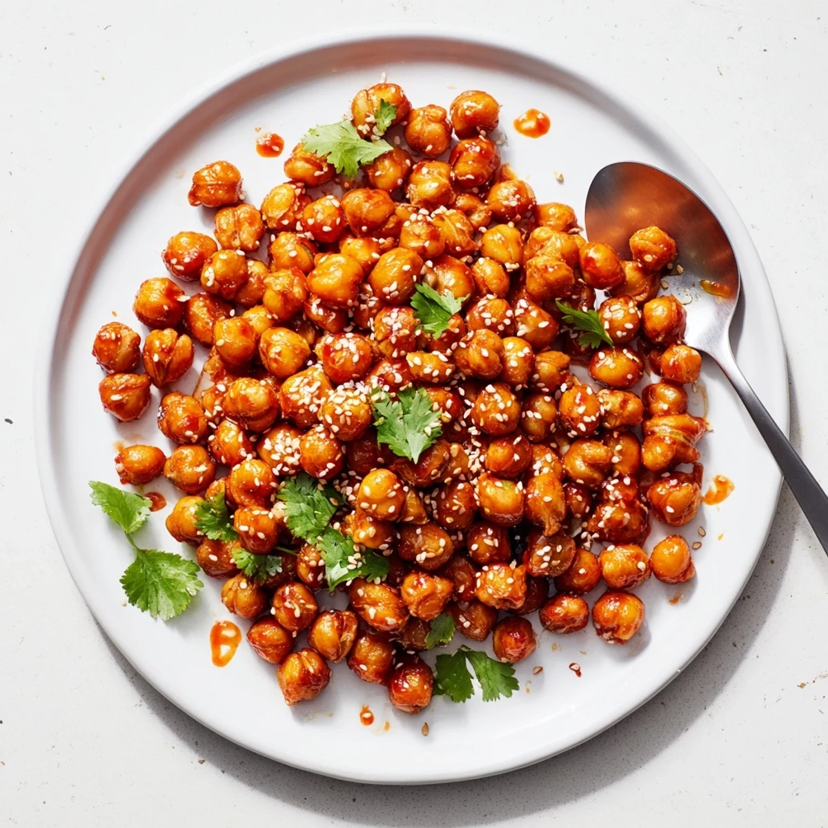 Spicy glazed chickpeas scattered on parchment paper showing their crispy caramelized coating