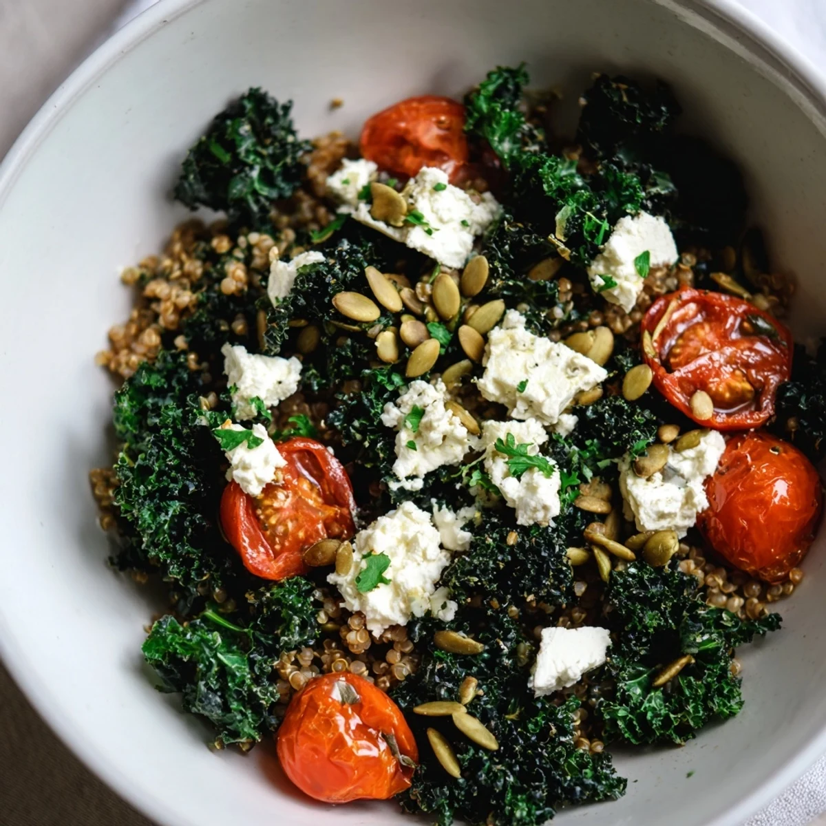 Golden amaranth breakfast bowl topped with sautéed kale, juicy tomatoes, and crumbled feta cheese