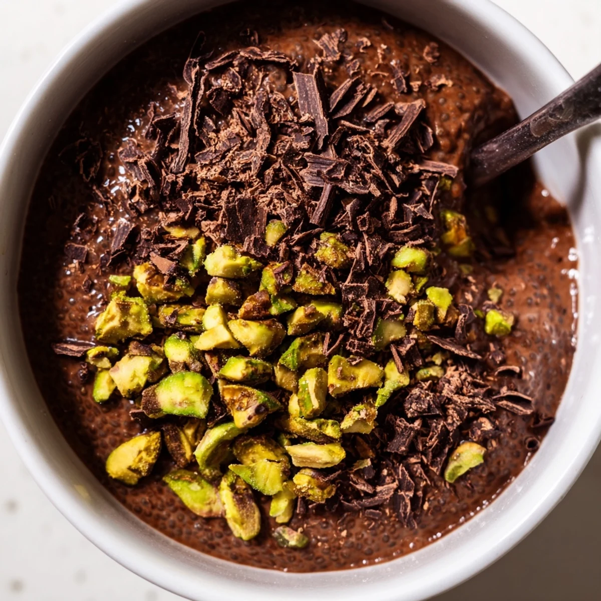Creamy dark chocolate pistachio chia pudding layered in glass jars with chopped nuts and chocolate shavings on top