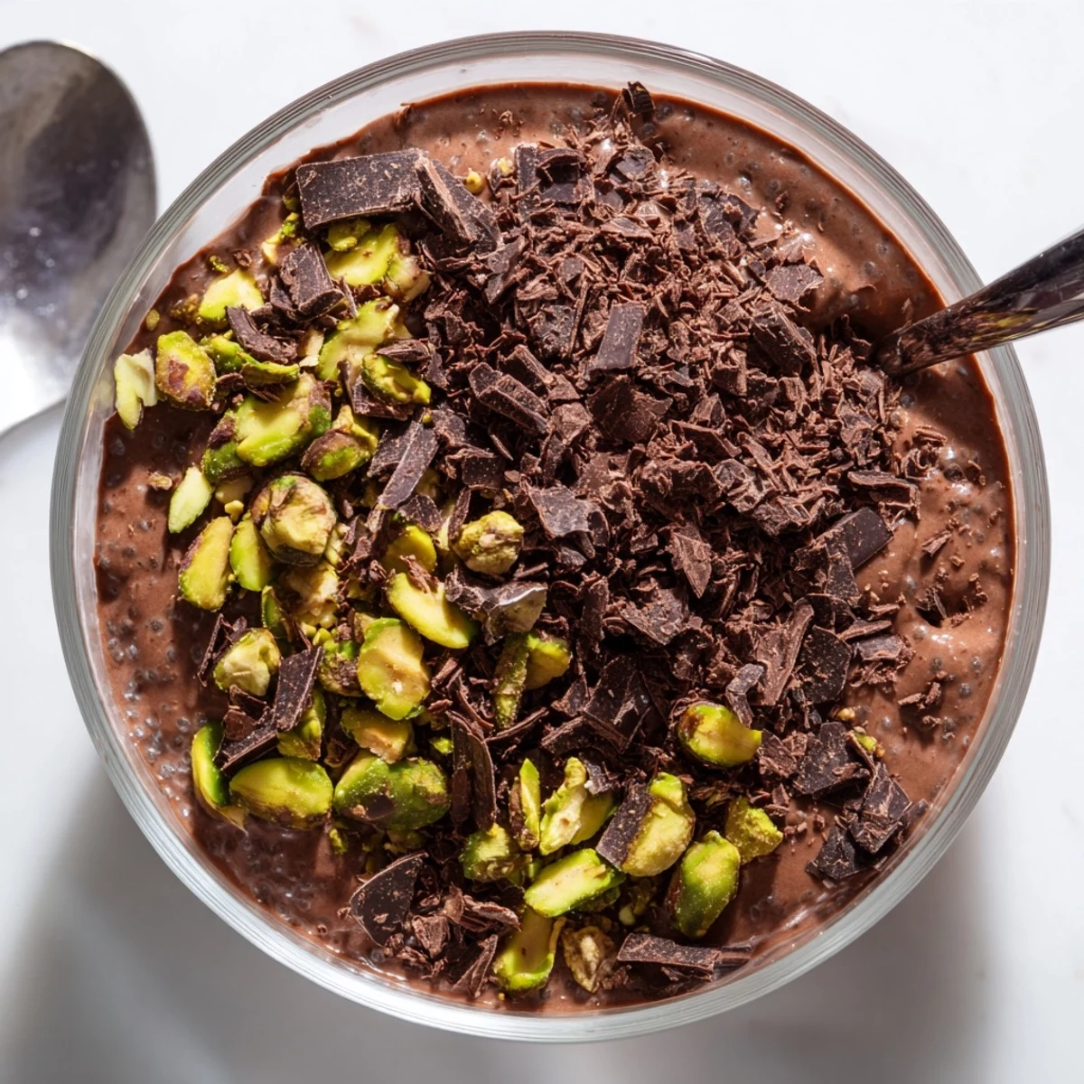 Vegan dark chocolate pistachio chia pudding dessert bowl topped with crunchy pistachios and shaved dark chocolate