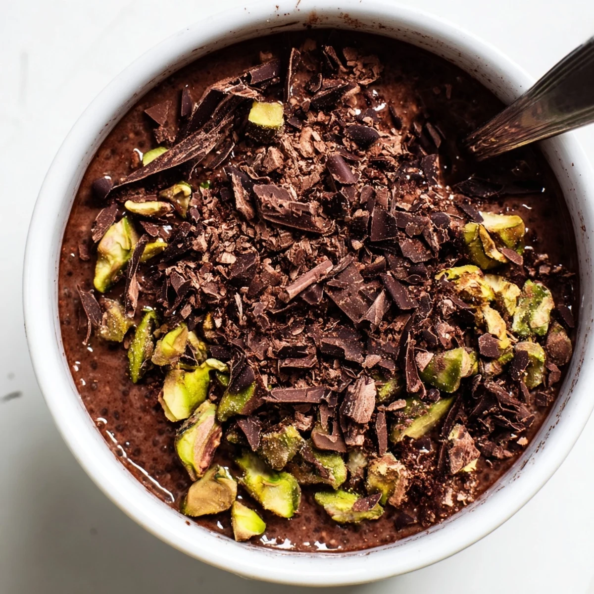 Rich cocoa chia pudding bowl garnished with bright green pistachios and dark chocolate curls for breakfast or dessert