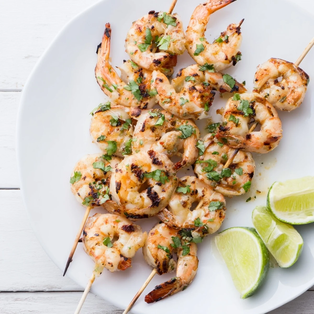 Golden grilled Lime Cilantro Grilled Shrimp skewers with charred edges and vibrant green herb marinade glistening under natural light