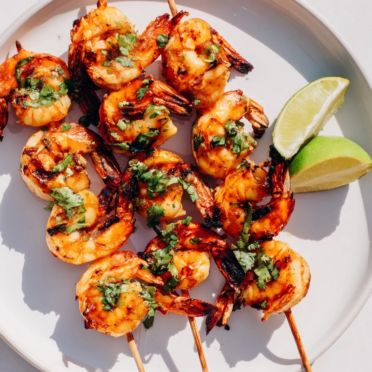 Platter of zesty Lime Cilantro Grilled Shrimp arranged on white plate garnished with fresh lime wedges and scattered chopped cilantro