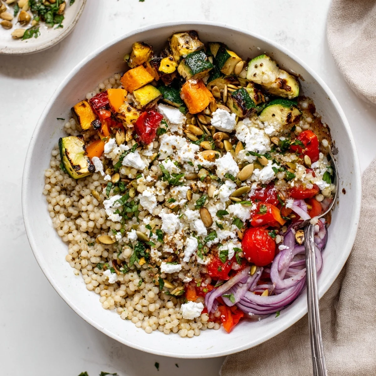 Fluffy citrus herb millet garden bowl topped with roasted vegetables and zesty orange dressing