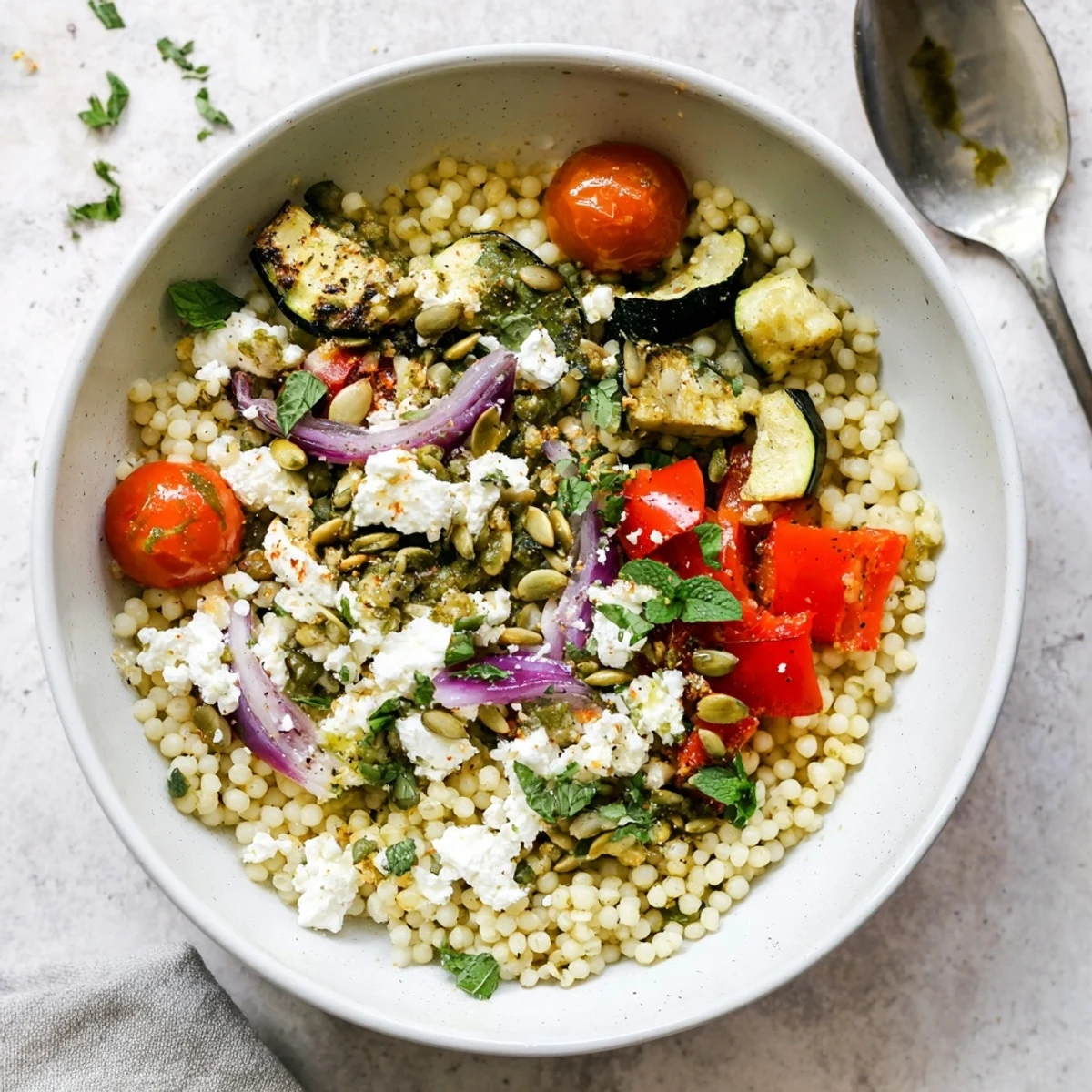 Colorful vegetarian bowl with millet, fresh parsley, mint, and crunchy pumpkin seed garnish