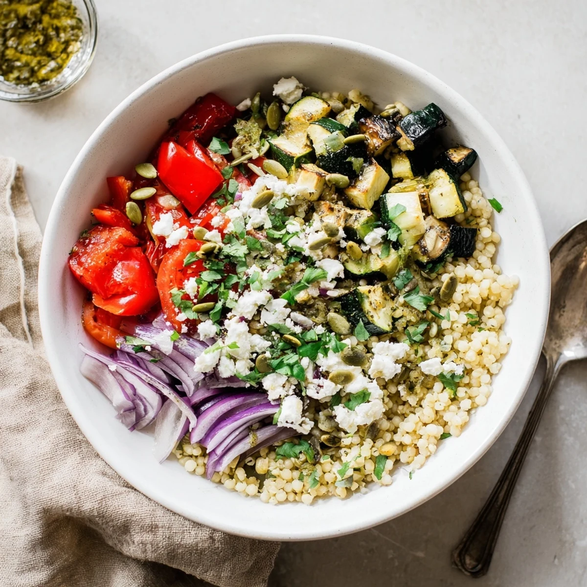 Nourishing gluten-free millet bowl with roasted zucchini, peppers, and bright citrus herb dressing