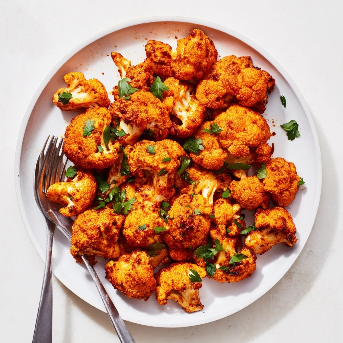 Golden brown smoky roasted cauliflower florets seasoned with paprika and cumin on a white baking sheet