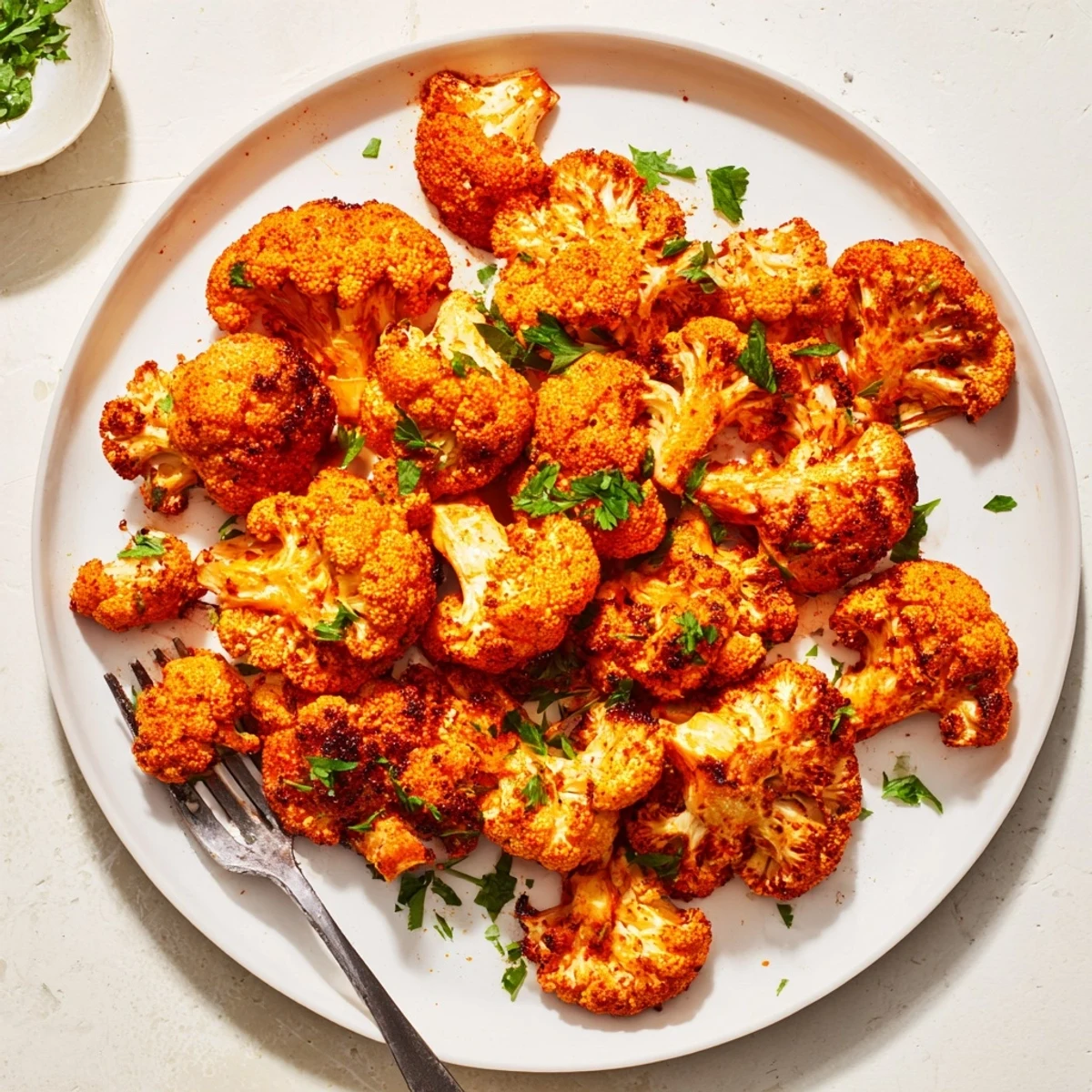 Tender roasted cauliflower pieces with crispy edges and fresh parsley garnish on a serving plate