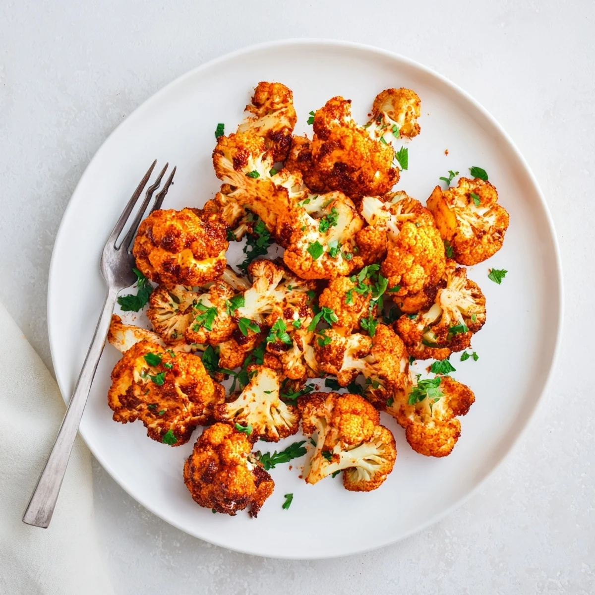 Close up of spice coated cauliflower florets roasting in oven until lightly charred and caramelized