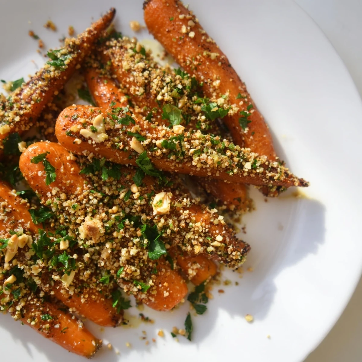 Colorful carrot platter drizzled with olive oil and crunchy dukkah topping