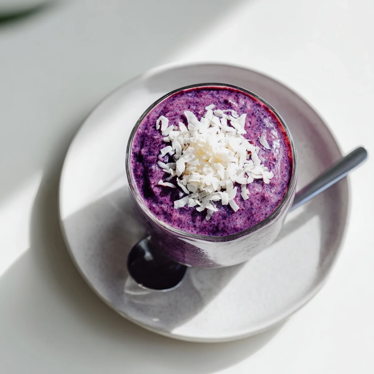 Vibrant purple blueberry peach coconut smoothie poured into a tall glass with coconut garnish