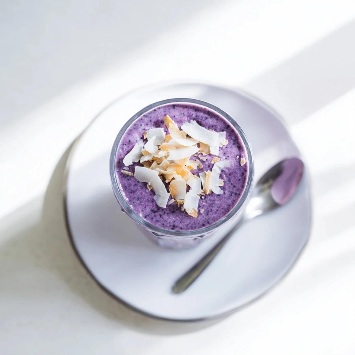 Tropical blueberry peach coconut smoothie with ice showcasing layered purple and peachy orange swirls