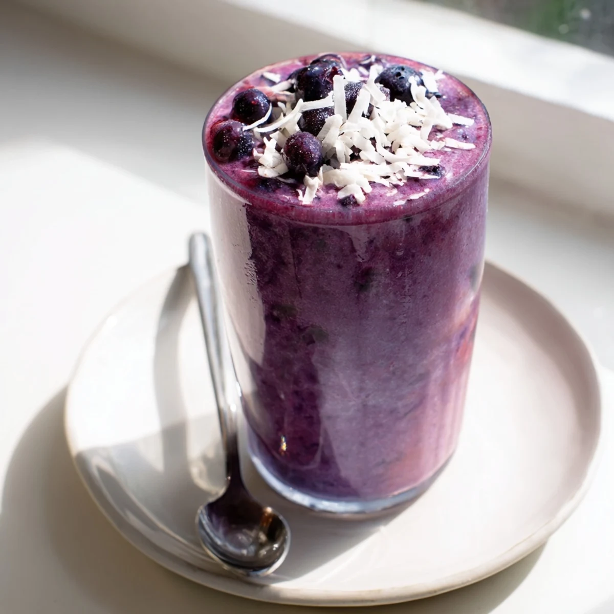 Creamy blended smoothie bowl topped with fresh blueberries and sweet peach slices on white background