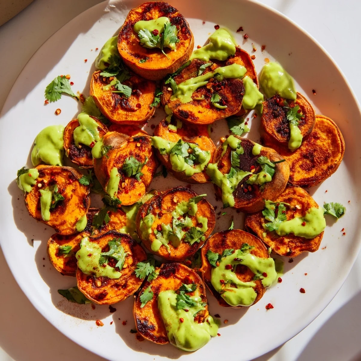 Golden roasted sweet potato rounds drizzled with creamy green avocado crema and fresh cilantro garnish