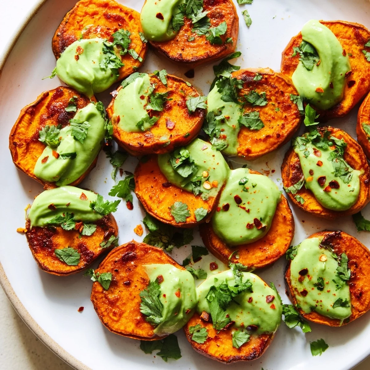 Tender roasted sweet potato with smooth avocado crema sauce and sprinkled red chili flakes