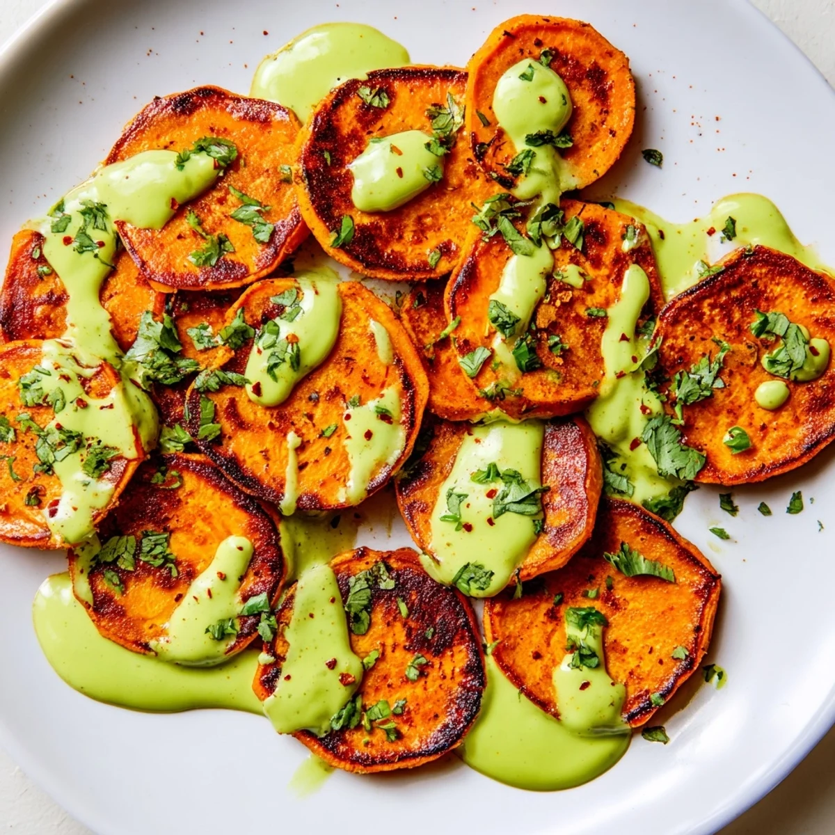 Caramelized sweet potato slices topped with zesty avocado crema on a white serving platter