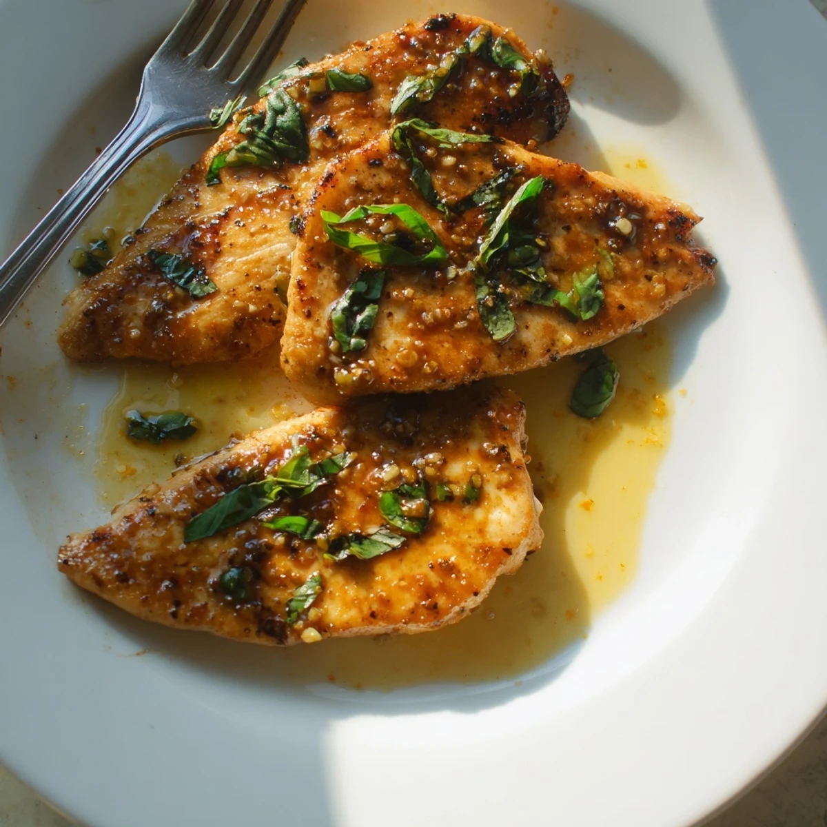 Golden lemon basil grilled chicken skillet with juicy breasts in glossy white sauce