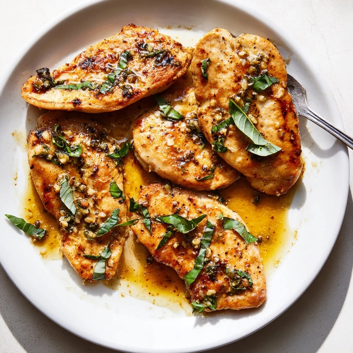 Sizzling skillet of lemon basil grilled chicken drizzled with buttery herb reduction