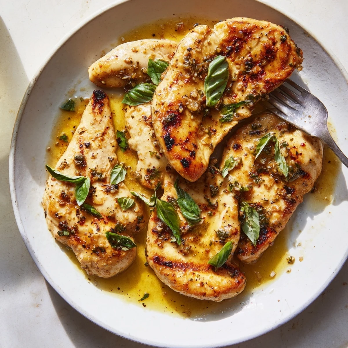 Fresh lemon basil grilled chicken served in cast iron with green basil garnish