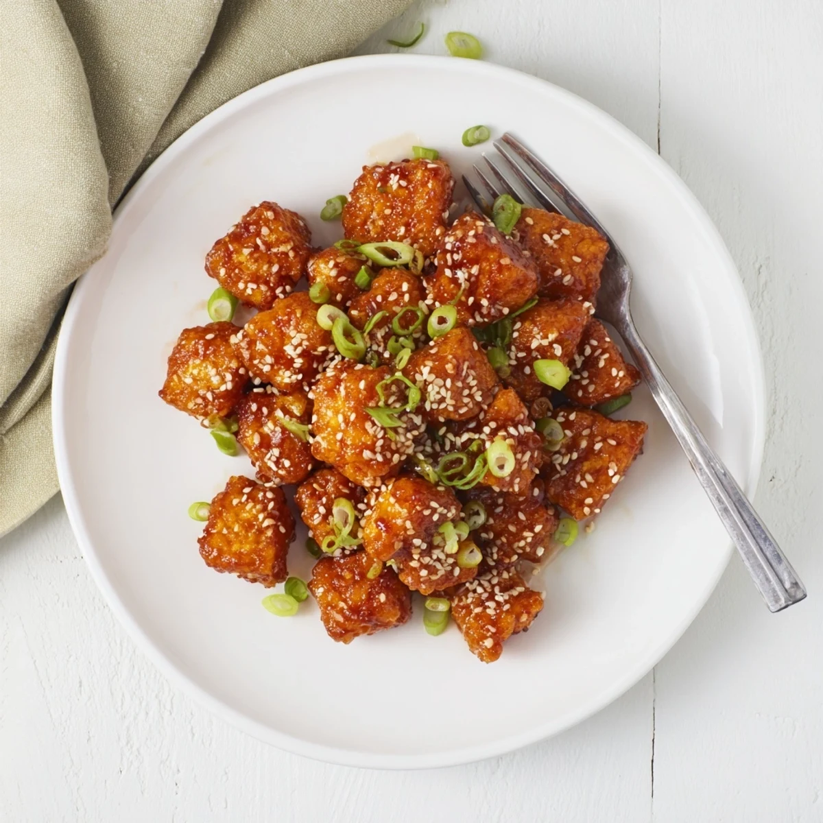 Golden crispy chili maple tempeh cubes glazed in shiny sweet-spicy sauce with green onions