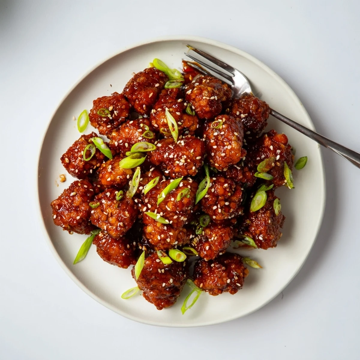 Pan-fried tempeh bites coated in thick chili maple glaze topped with fresh sesame seeds