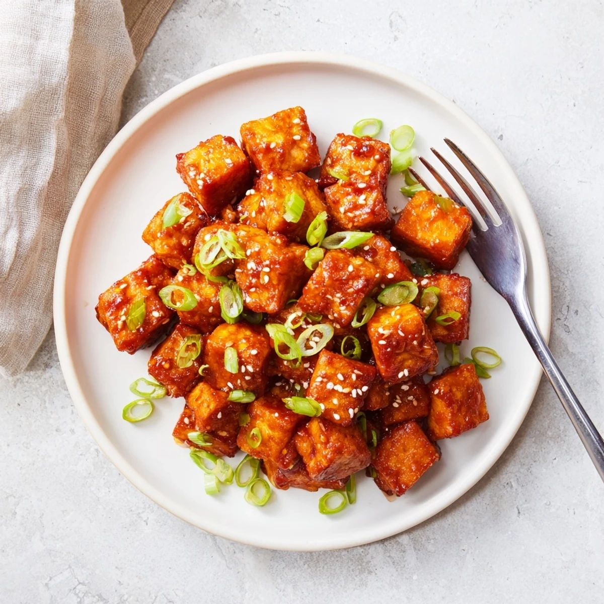 Vegan crispy tempeh pieces tossed in spicy maple chili sauce and garnished with scallions