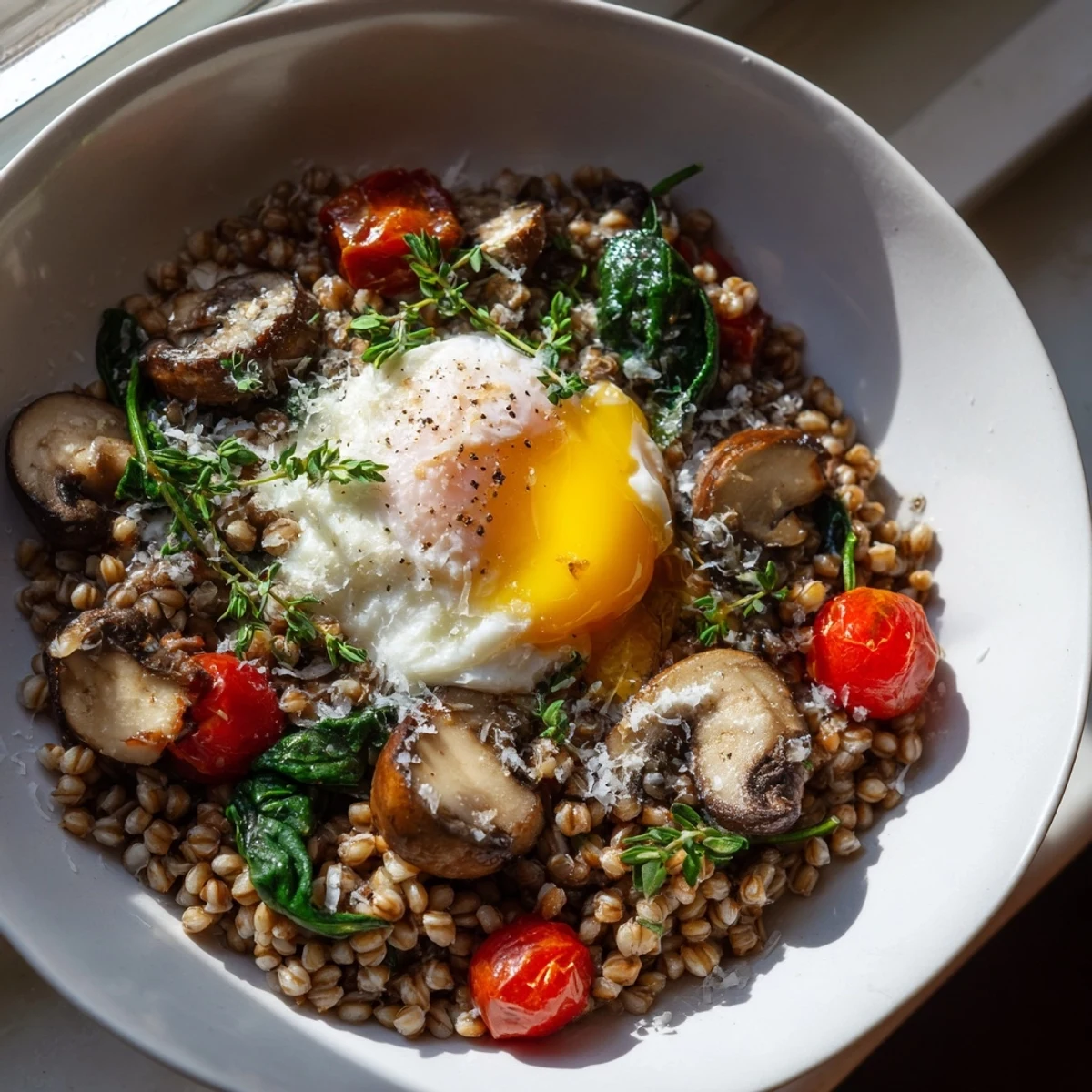 Golden buckwheat bowl topped with sautéed mushrooms and juicy cherry tomatoes for a hearty breakfast