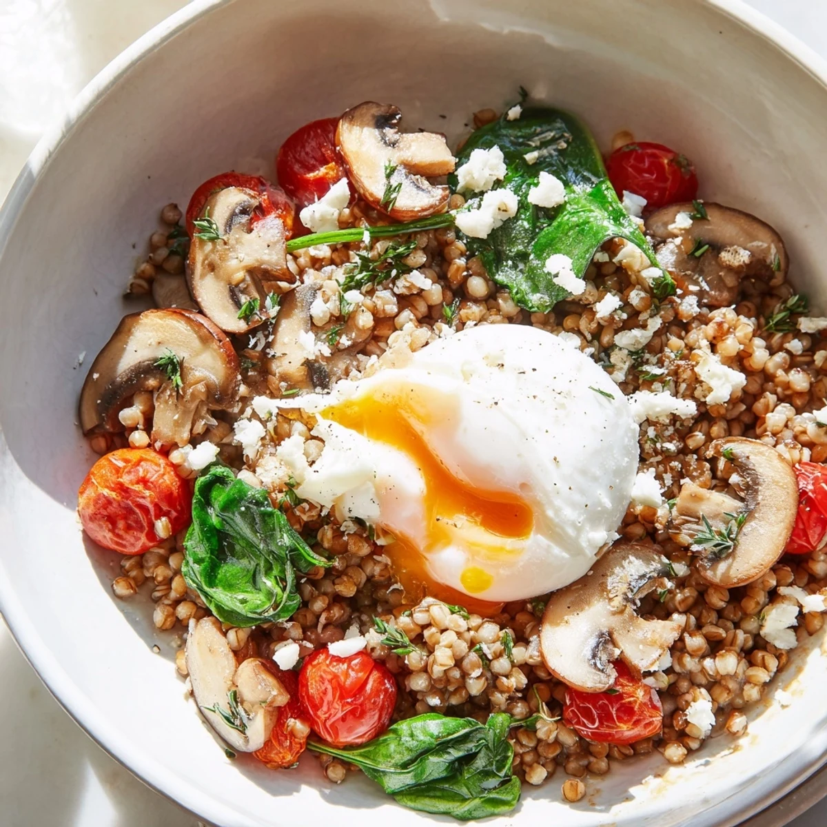 Warm buckwheat breakfast bowl with savory mushrooms, fresh tomatoes, and fragrant thyme sprinkled on top