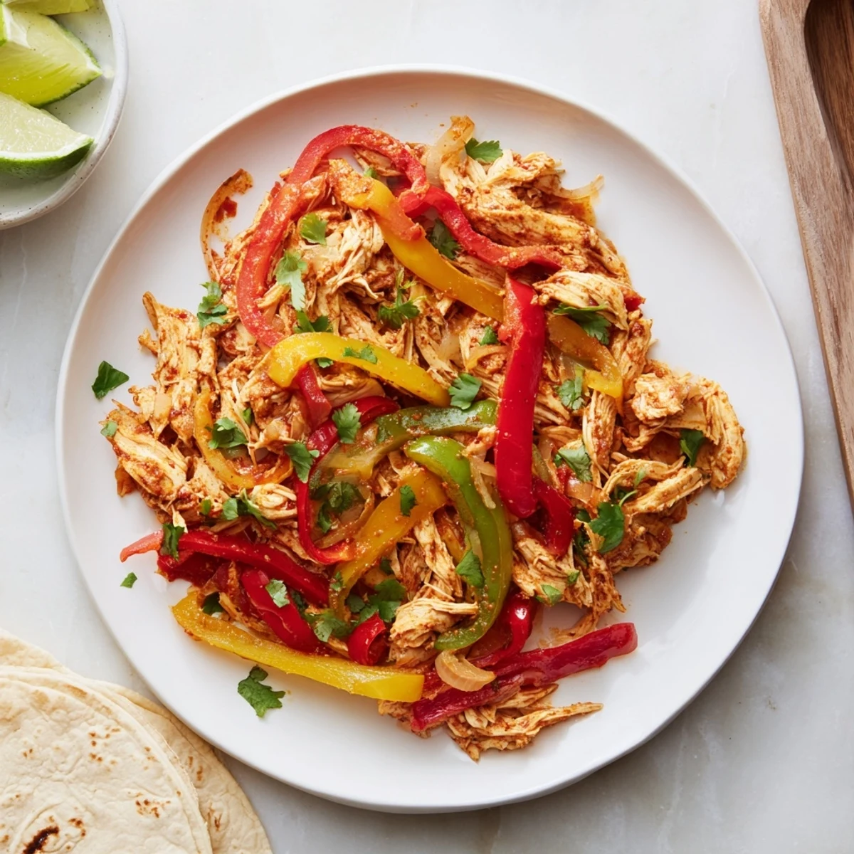 Easy Crockpot chicken fajitas served in warm tortillas topped with fresh cilantro and lime
