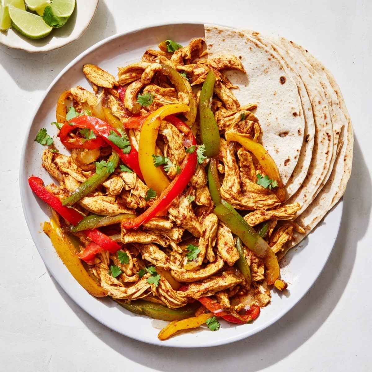 Slow cooker chicken fajitas with tender shredded meat and colorful sliced bell peppers