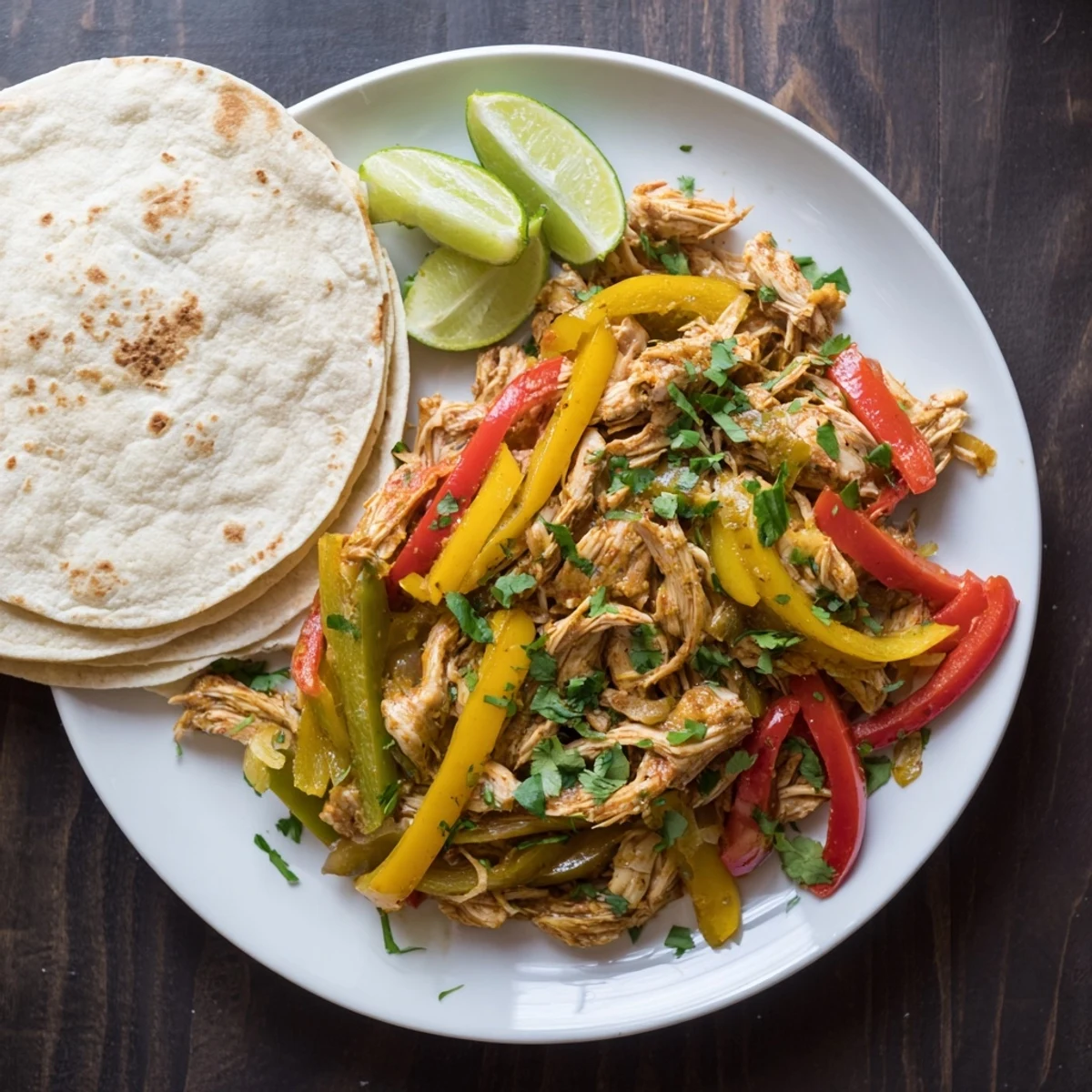 Savory slow cooker chicken fajitas featuring juicy spiced meat alongside red yellow and green peppers
