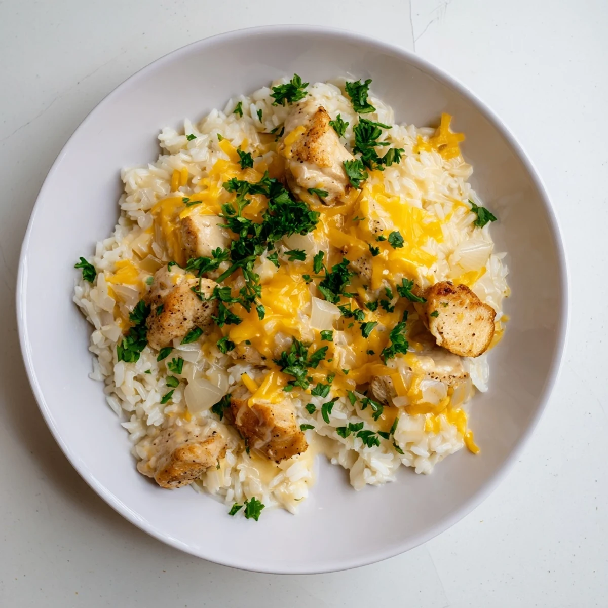 One-pan smothered chicken and rice featuring tender meat in a rich, bubbling cream sauce with herbs