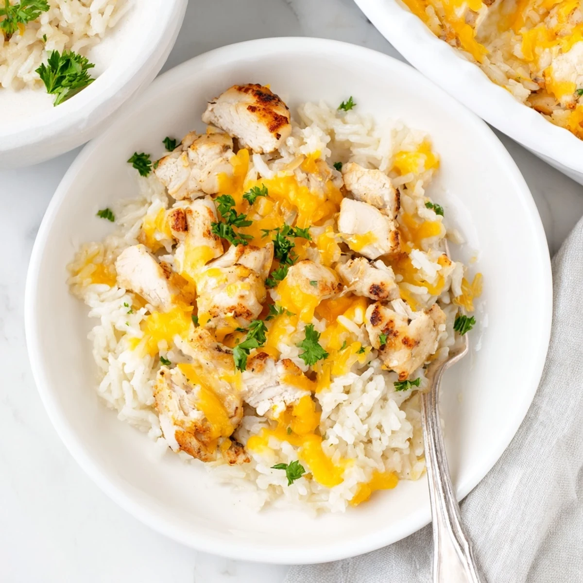 Comforting skillet of creamy smothered chicken and rice topped with melted cheese and chopped fresh parsley