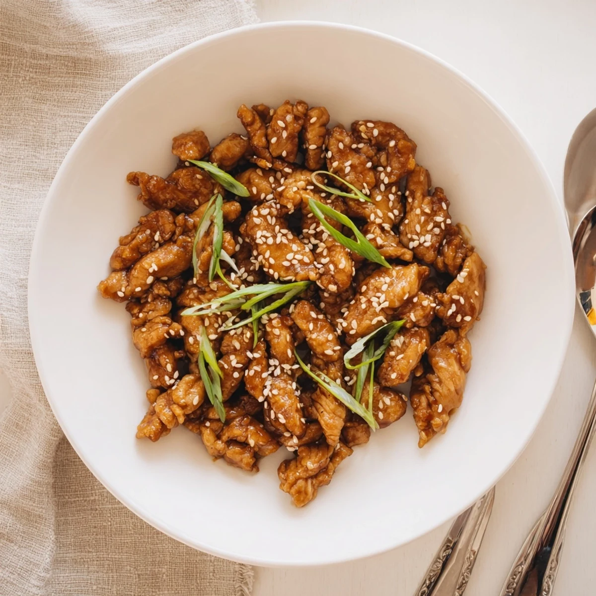 Tender shredded Crockpot Teriyaki Chicken glazed in thick sticky sauce with green onions