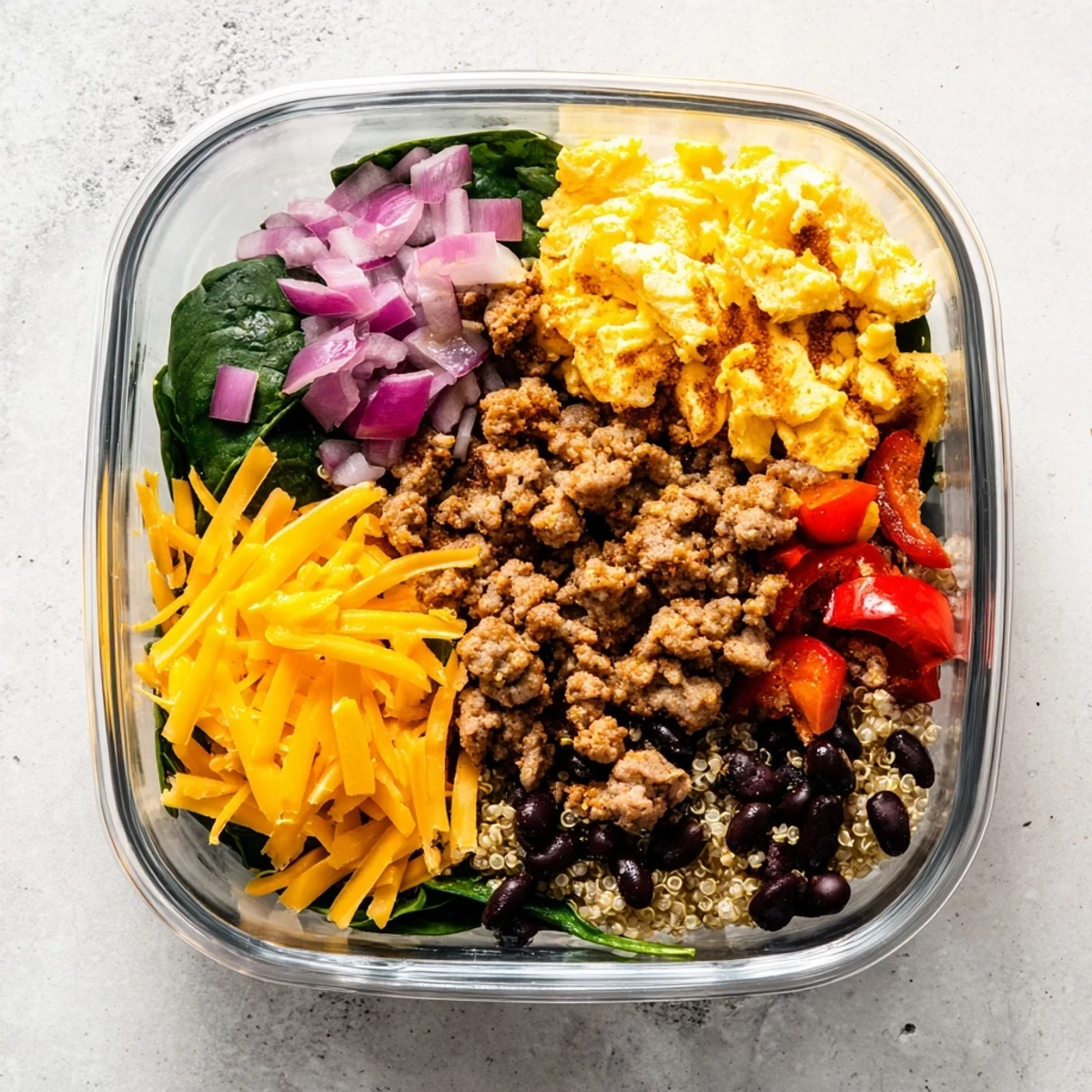 Colorful meal prep containers filled with high protein breakfast bowls layered with scrambled eggs, sausage, vegetables, and quinoa