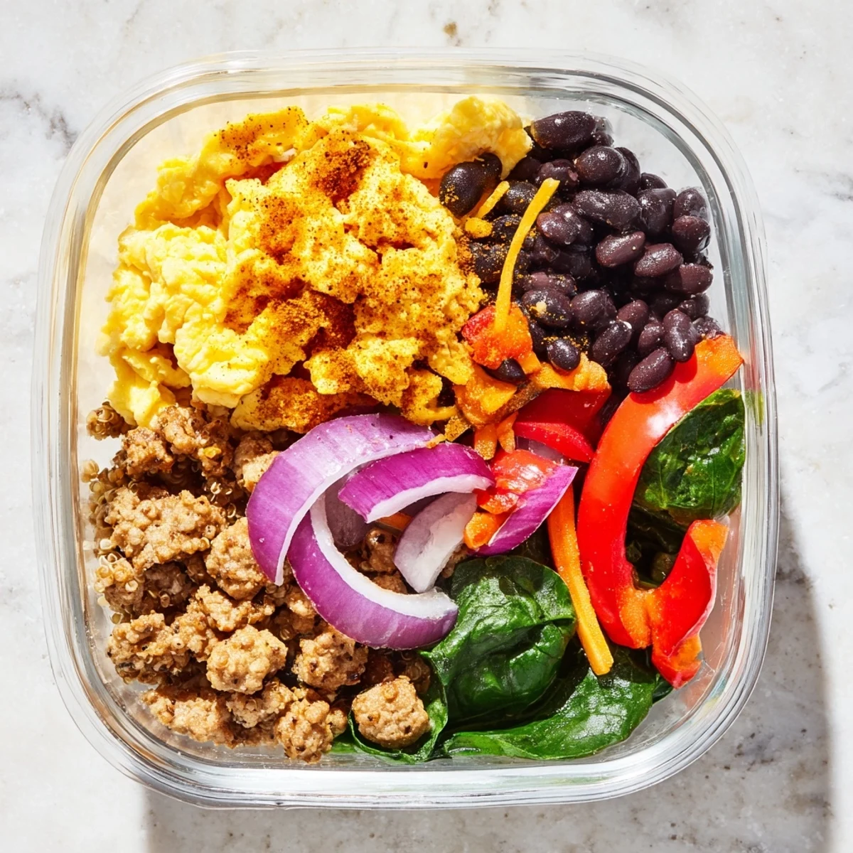 Hearty high protein breakfast bowl in a glass meal prep container showing colorful layers of quinoa, black beans, eggs, and fresh vegetables