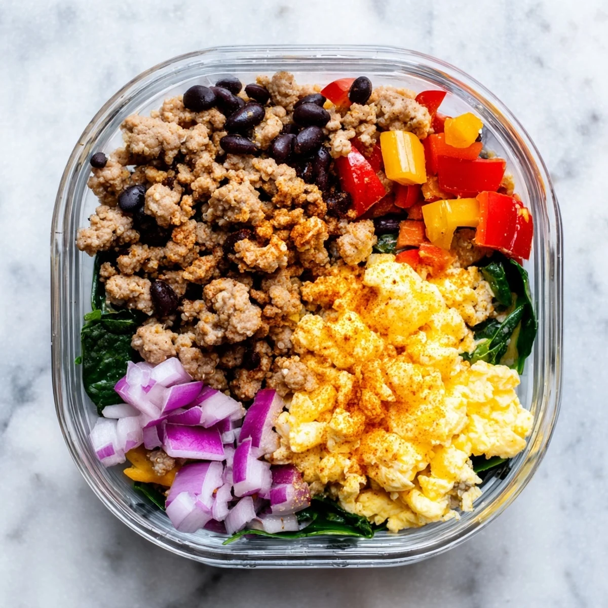 Steamy freezer friendly breakfast bowl featuring fluffy scrambled eggs, crumbled turkey sausage, bell peppers, spinach, and shredded cheddar cheese