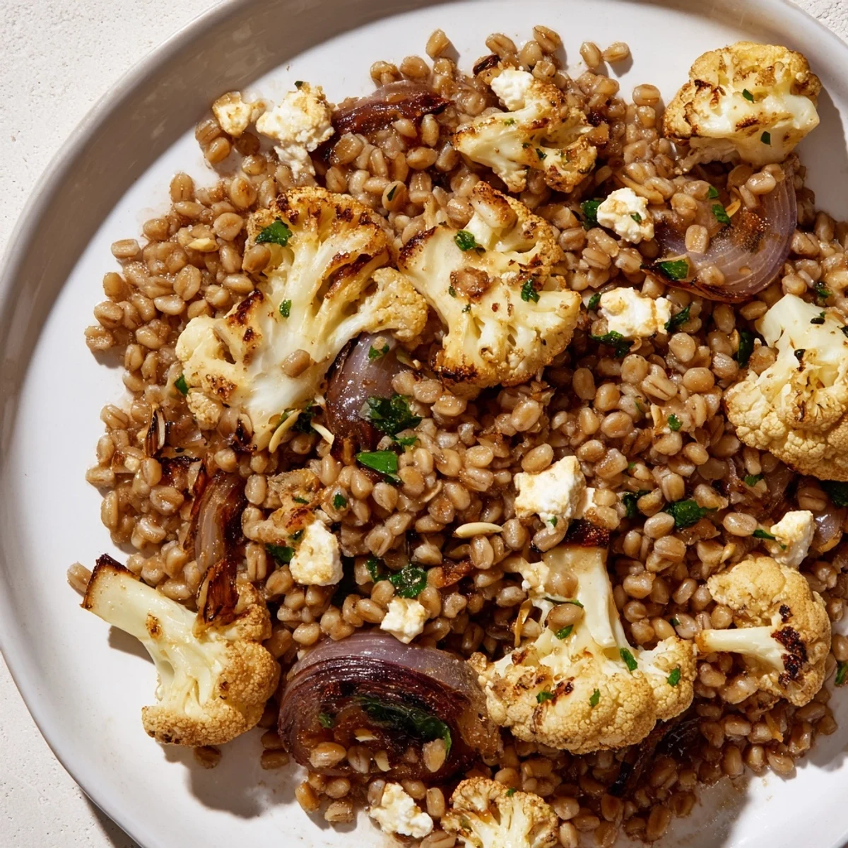 Golden roasted cauliflower and nutty barley tossed in creamy lemon tahini dressing with fresh herbs