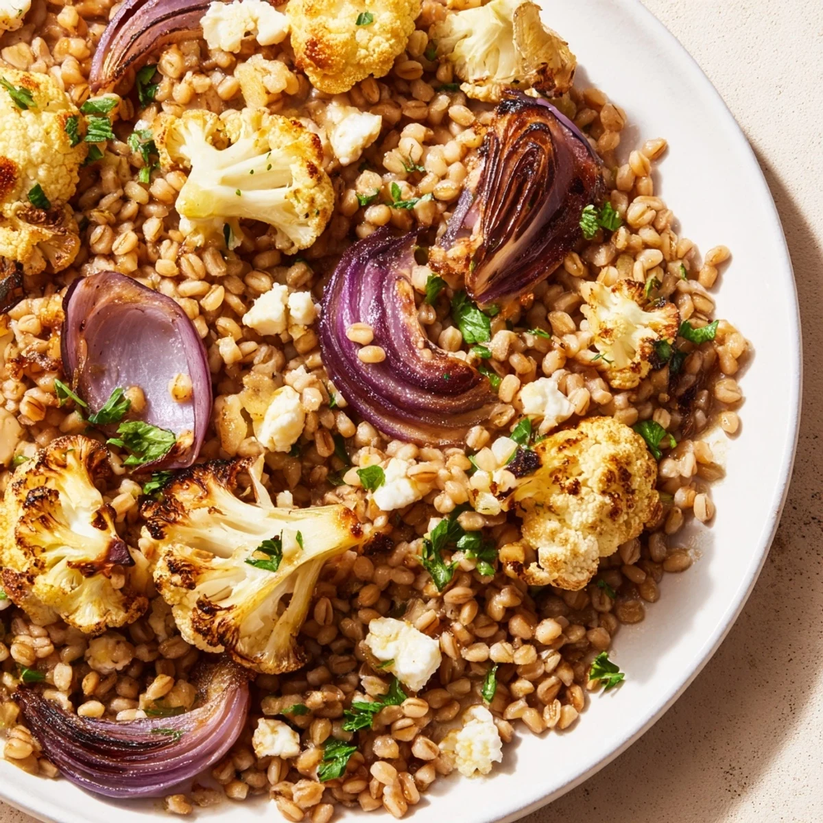 Hearty barley salad bowl topped with roasted vegetables, pine nuts, parsley, and crumbled feta cheese