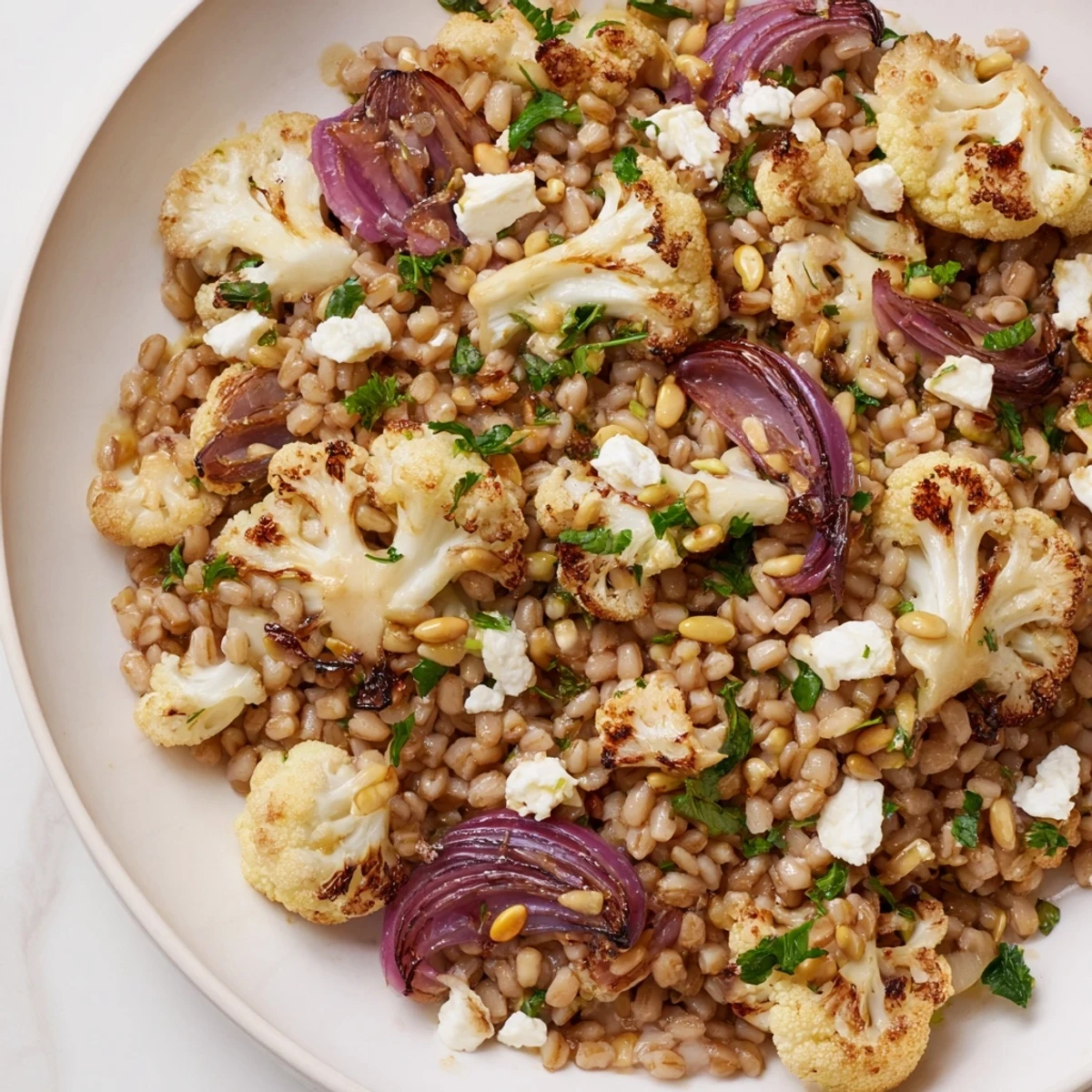 Warm Mediterranean grain bowl featuring caramelized cauliflower florets, pearl barley, and zesty tahini lemon sauce