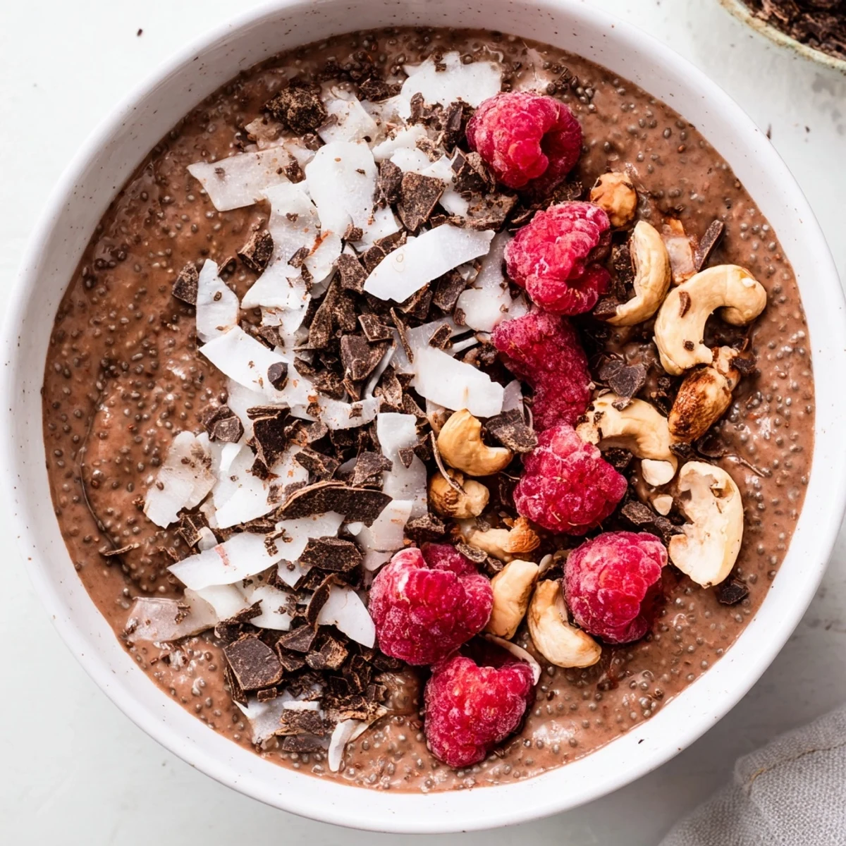 Creamy chocolate coconut cashew chia pudding layered in glass jars with toasted coconut flakes and chopped roasted cashews on top