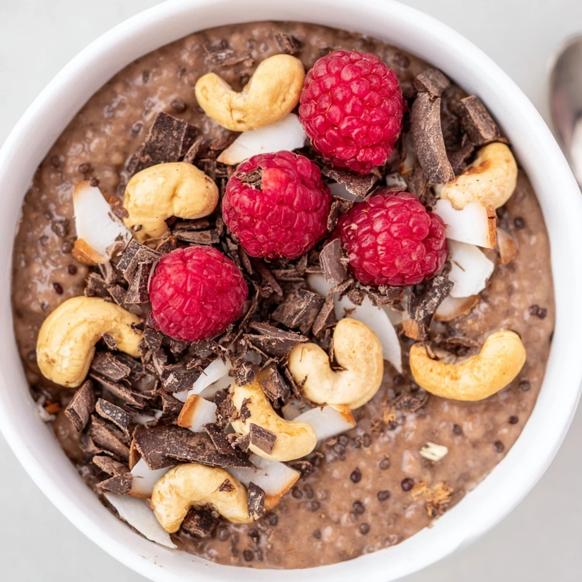 Rich dairy-free chocolate coconut cashew chia pudding served in bowls with dark chocolate shavings and fresh berry garnish