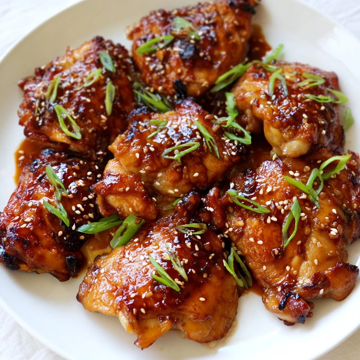 Ginger soy glazed chicken skillet featuring glossy caramelized chicken pieces with green onion and sesame seed garnish