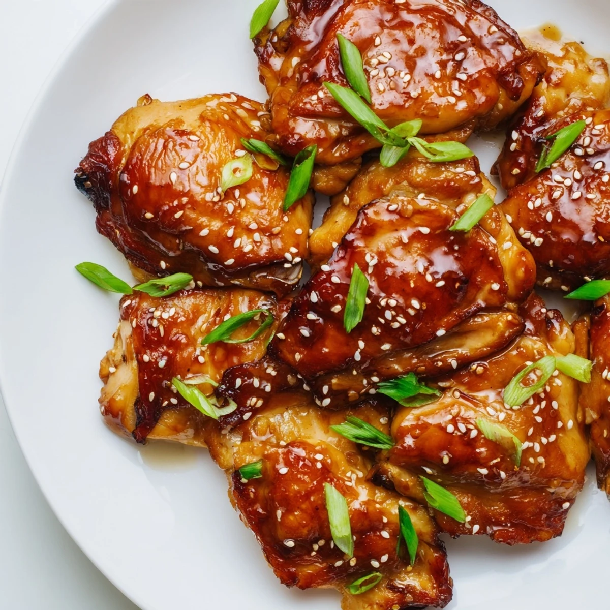 Golden brown chicken thighs coated in a thick savory ginger soy glaze served in a cast iron skillet