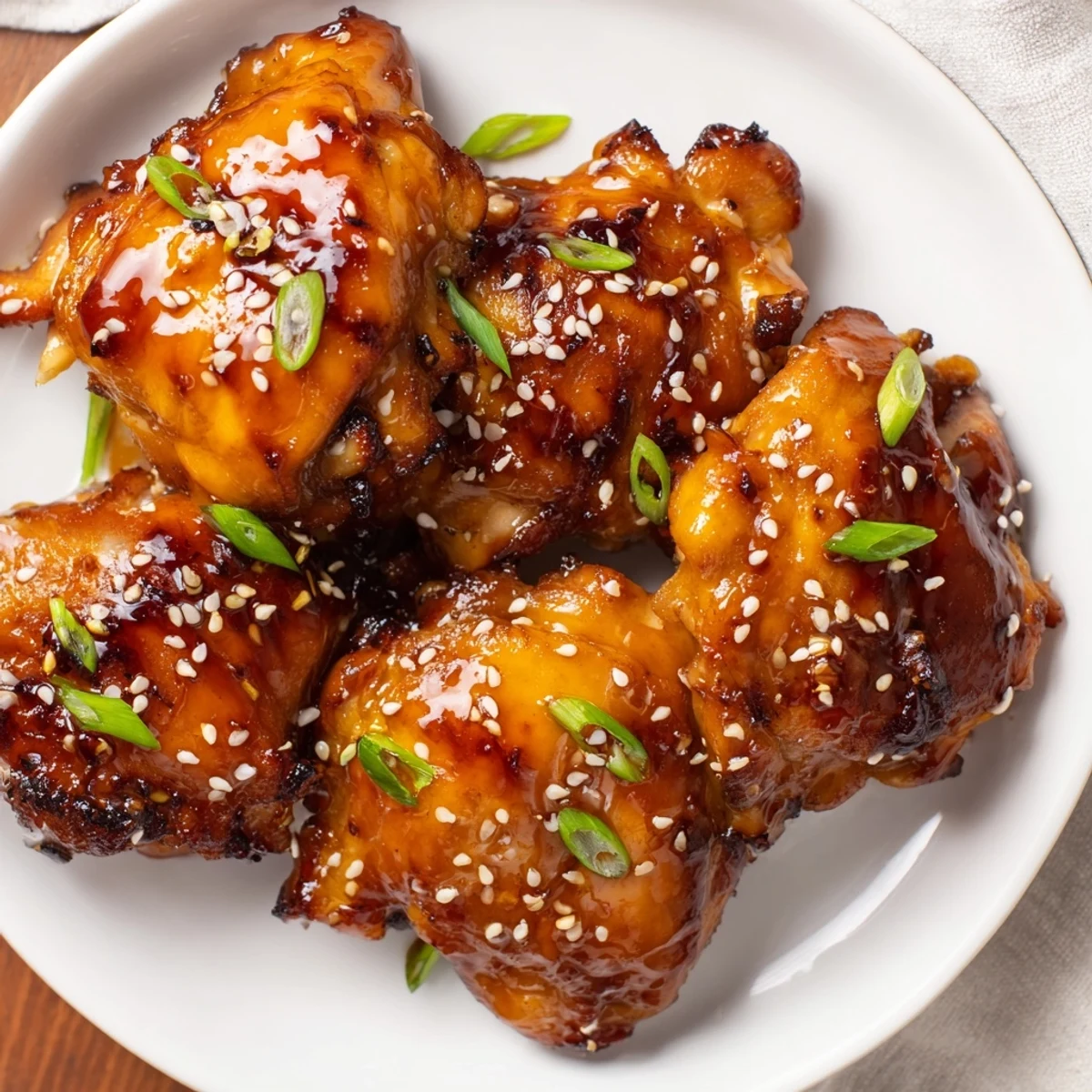 Tender glazed chicken pieces arranged on a plate drizzled with sticky ginger soy sauce and sprinkled with sesame seeds