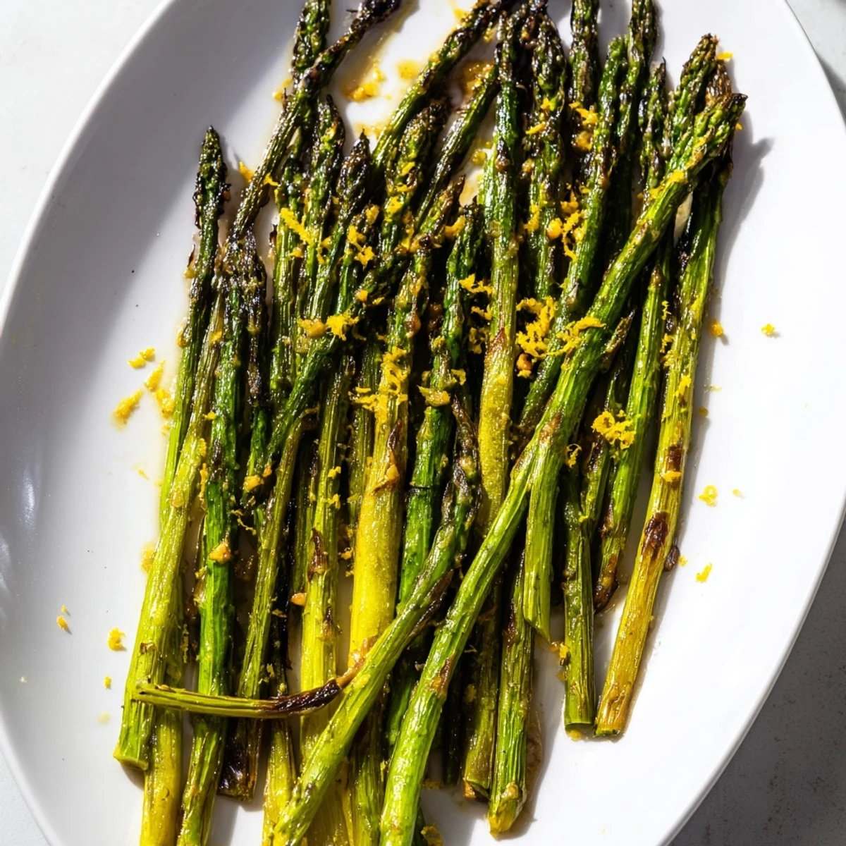 Golden roasted asparagus spears arranged on a white platter topped with bright yellow lemon zest
